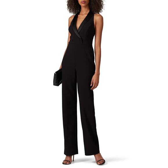 Aidan AIDAN MATTOX Wide Leg Black Crepe Tuxedo Jumpsuit Sleeveless Size 4 - Picture 1 of 12